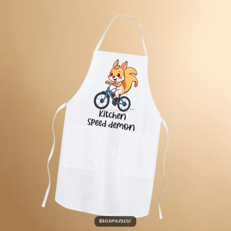 Funny squirrel apron depicting a squirrel racing downhill on a bicycle, perfect for adding a humorous touch to kitchen duties.