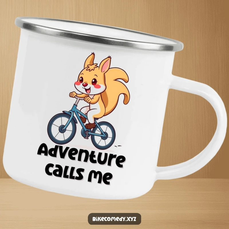 Funny squirrel camping mug showing a squirrel speeding downhill on a bicycle, perfect for rugged adventures and cheerful mornings outdoors.