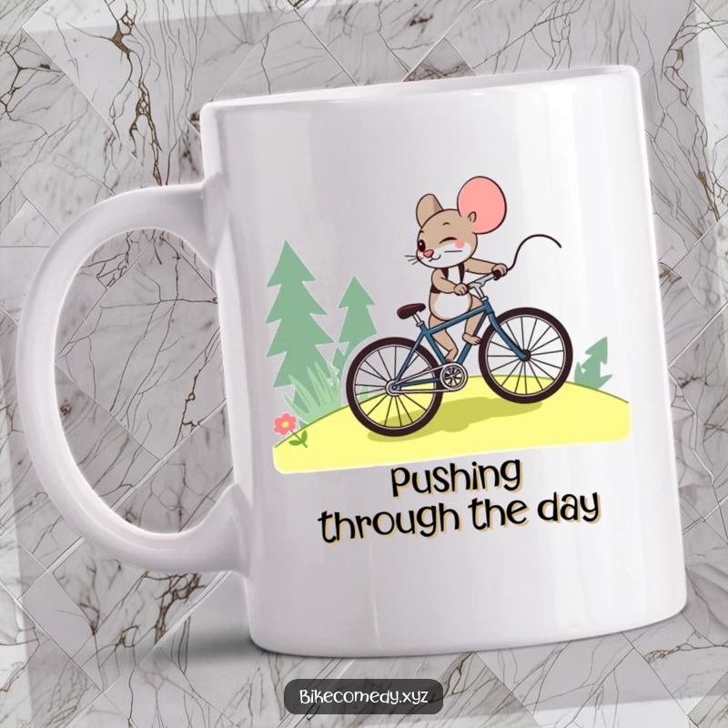 Funny mouse mug featuring a tenacious mouse pedaling a bicycle uphill with immense effort and unwavering resolve.