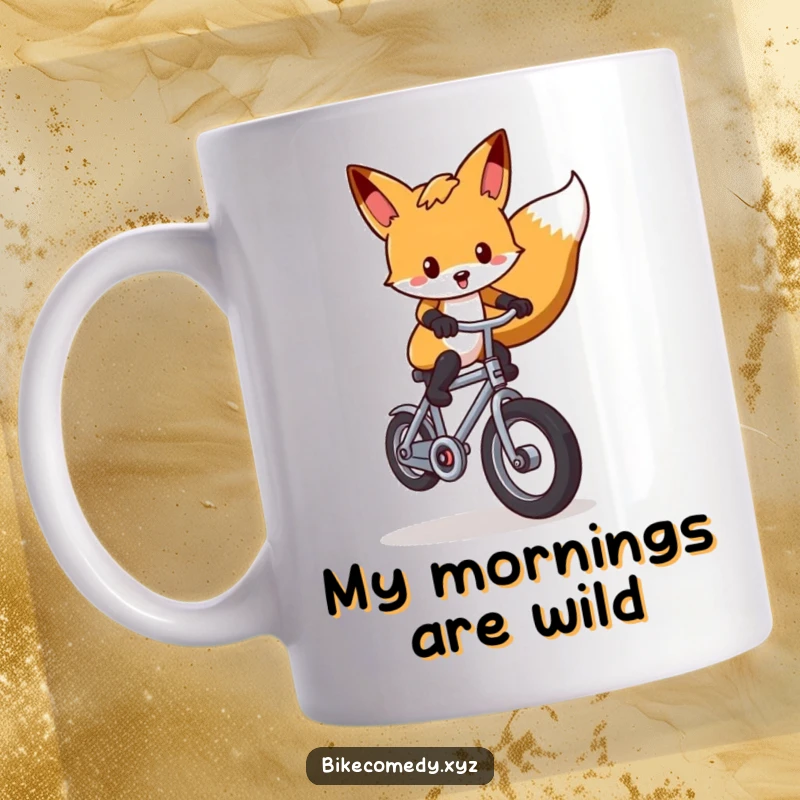 Funny fox mug featuring a sly fox performing a daring wheelie on a miniature bicycle, showcasing pure playful joy and skill.
