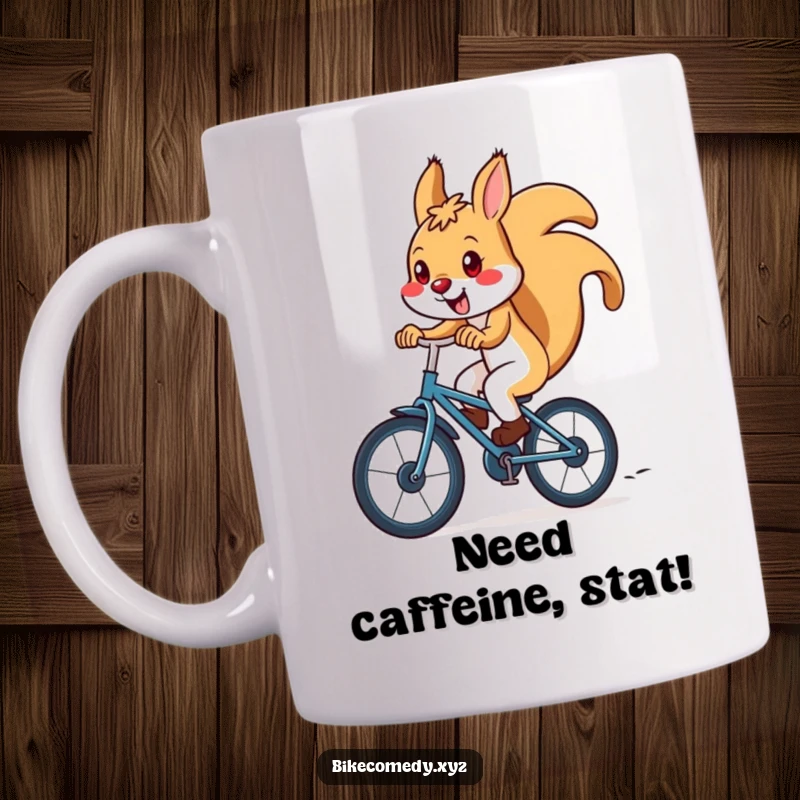 Funny squirrel mug featuring an ecstatic squirrel speeding downhill on a bicycle, conveying pure exhilaration and a love for motion.