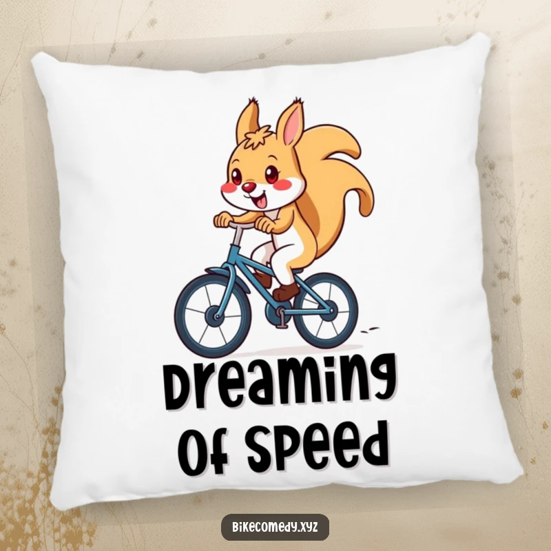 Funny squirrel pillow showing a happy squirrel riding a bicycle downhill, perfect for adding whimsical comfort and a splash of fun.