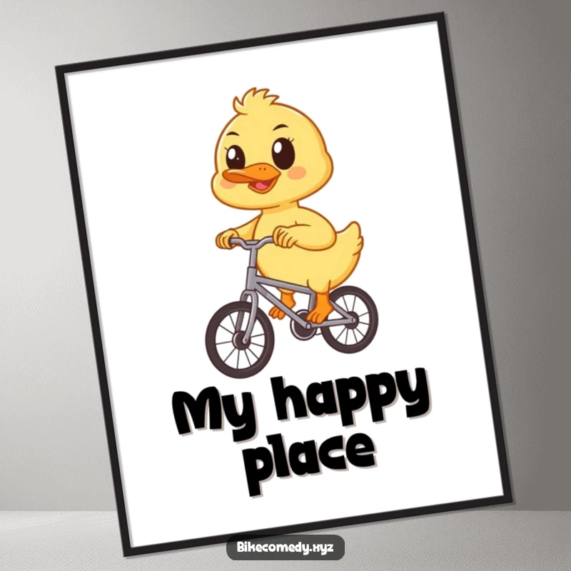 Funny duckling digital art print showing a happy duckling focused on pedaling a small bicycle, perfect for inspirational and cute wall decor.