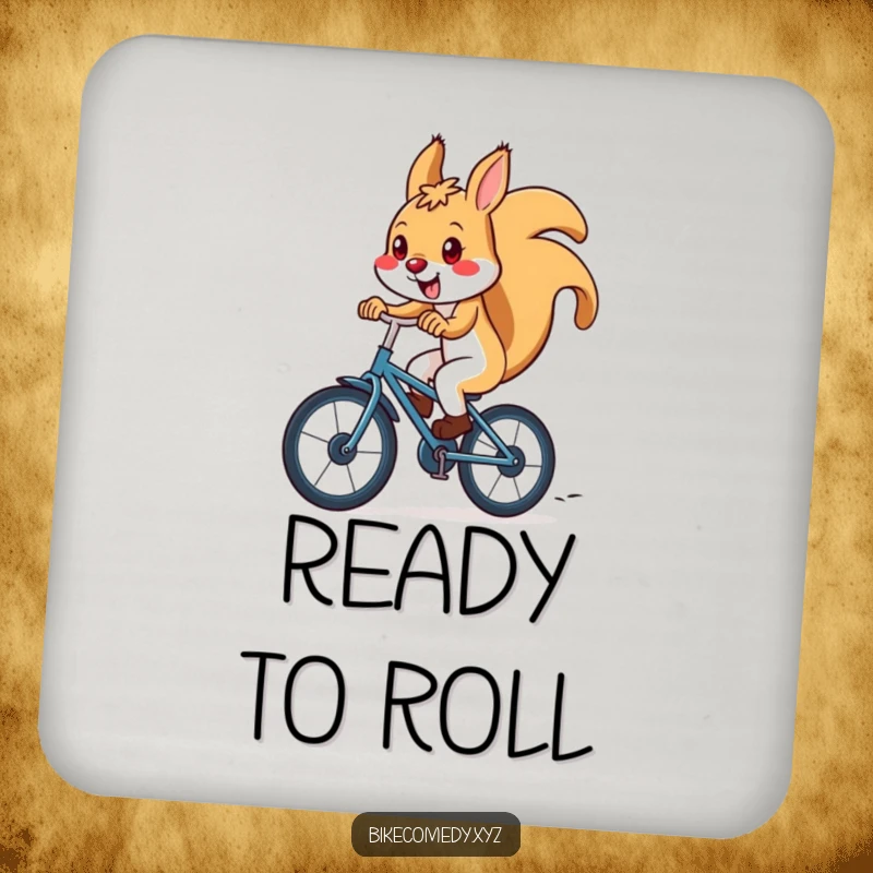 Funny squirrel coaster illustrating a squirrel gripping its bicycle handlebars as it races downhill, adding a humorous touch to surface protection.