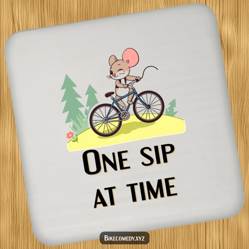 Funny mouse coaster illustrating a mouse determinedly pedaling a bicycle uphill, perfect for adding a humorous touch to surface protection.