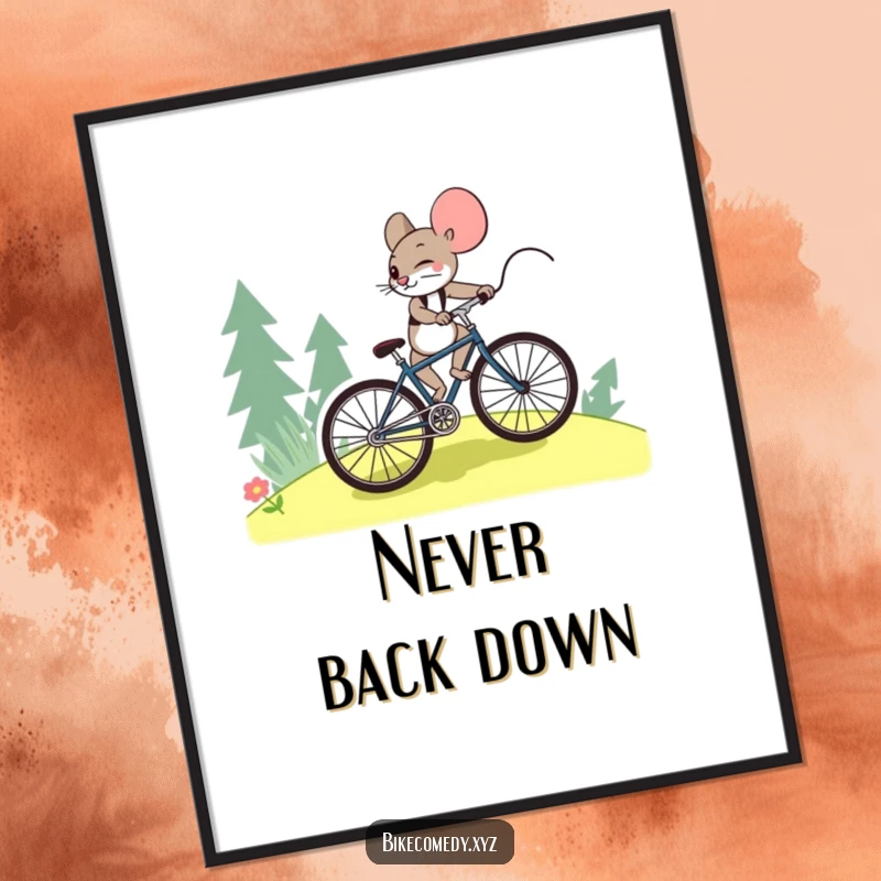 Funny mouse poster capturing a small mouse battling an uphill bicycle climb, radiating dedication and the power of sheer willpower.