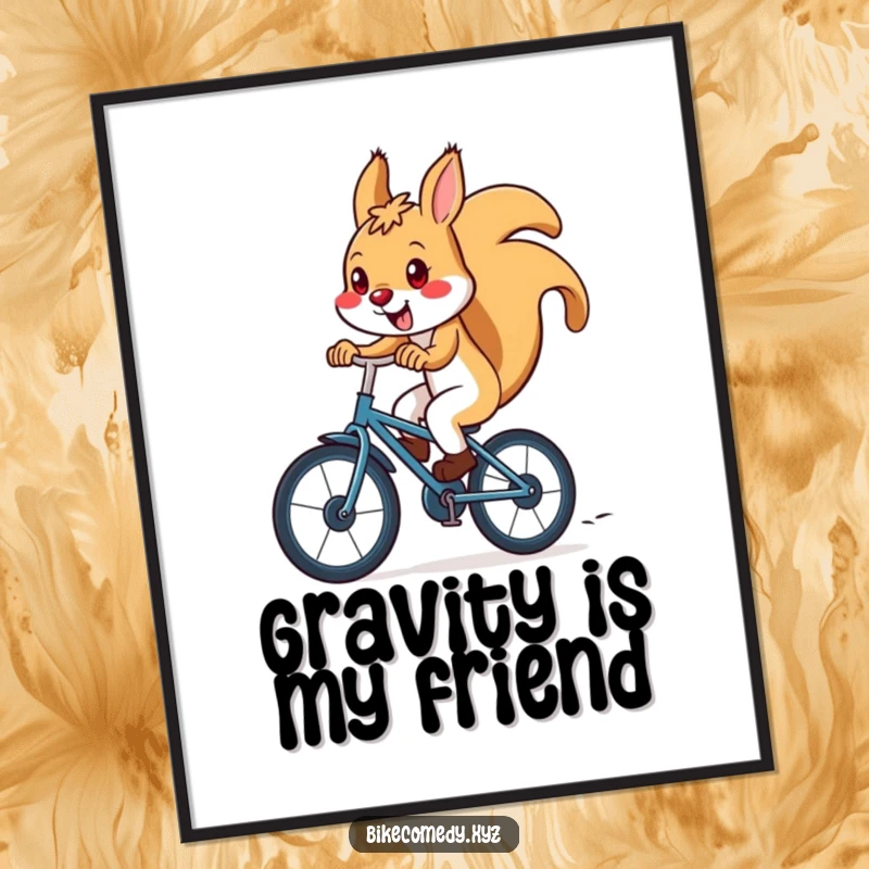 Funny squirrel poster capturing a squirrel in full flight, racing downhill on a bicycle with wind in its fur, evoking speed and delight.