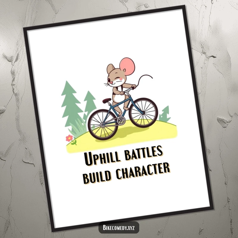 Funny Free Printable Wall Art: A brave mouse determinedly pedals a bicycle uphill, symbolizing perseverance and strength in decor.