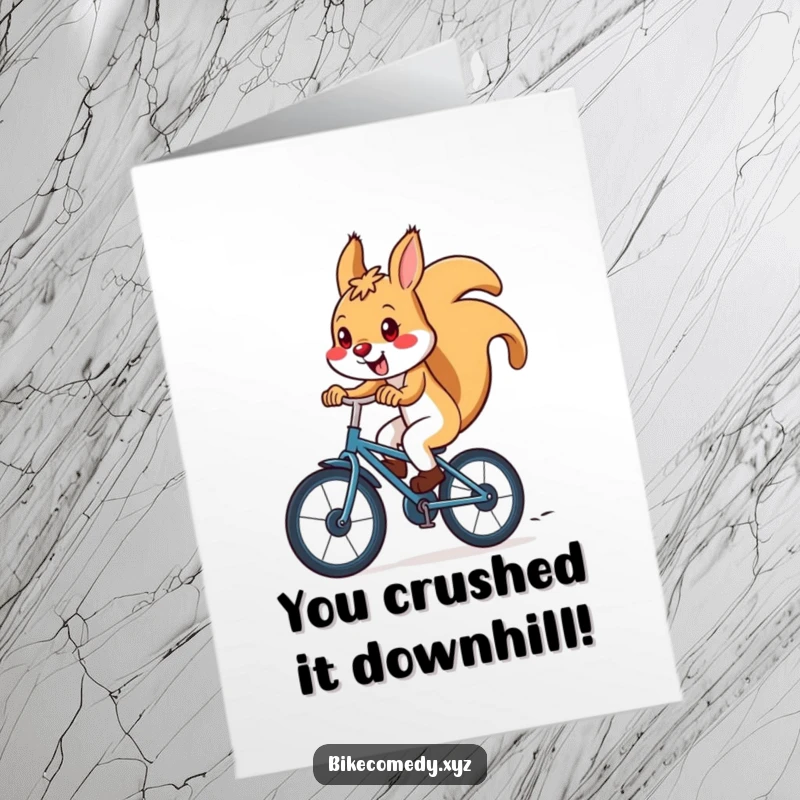 Funny Free Printable Congrats Card: A happy squirrel gleefully zipping downhill on a bike, celebrating your fantastic accomplishment.