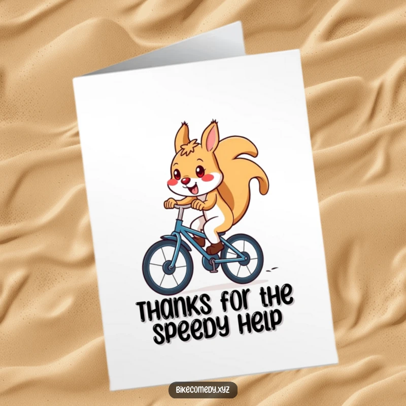 Funny Free Printable Thank You Card: A joyful squirrel races downhill on a bike, conveying thanks with energetic charm.