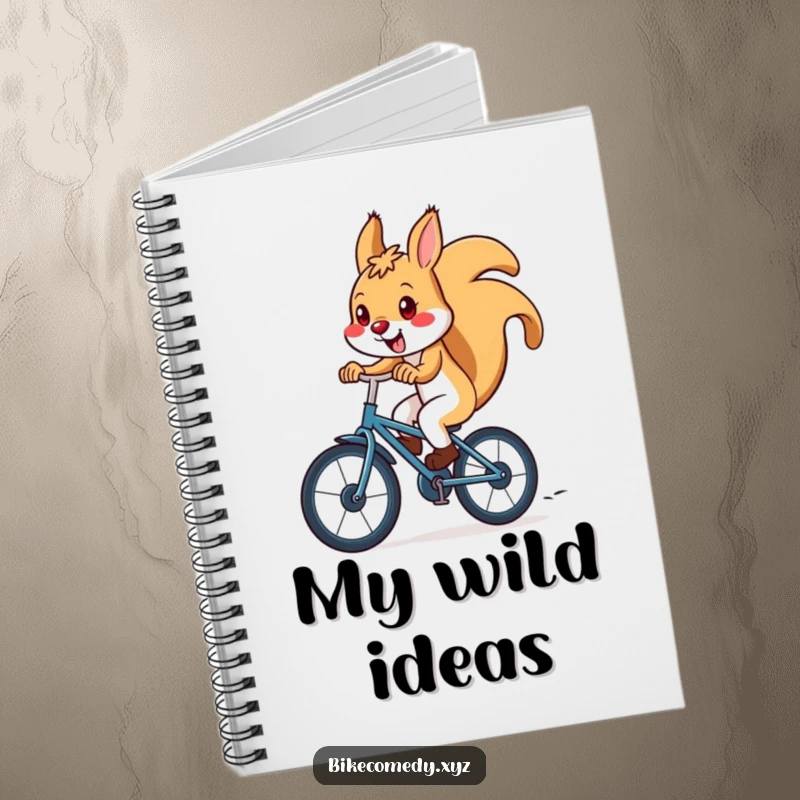 Funny squirrel notebook cover shows a squirrel energetically riding a bicycle downhill, inspiring speedy note-taking and creative journaling.