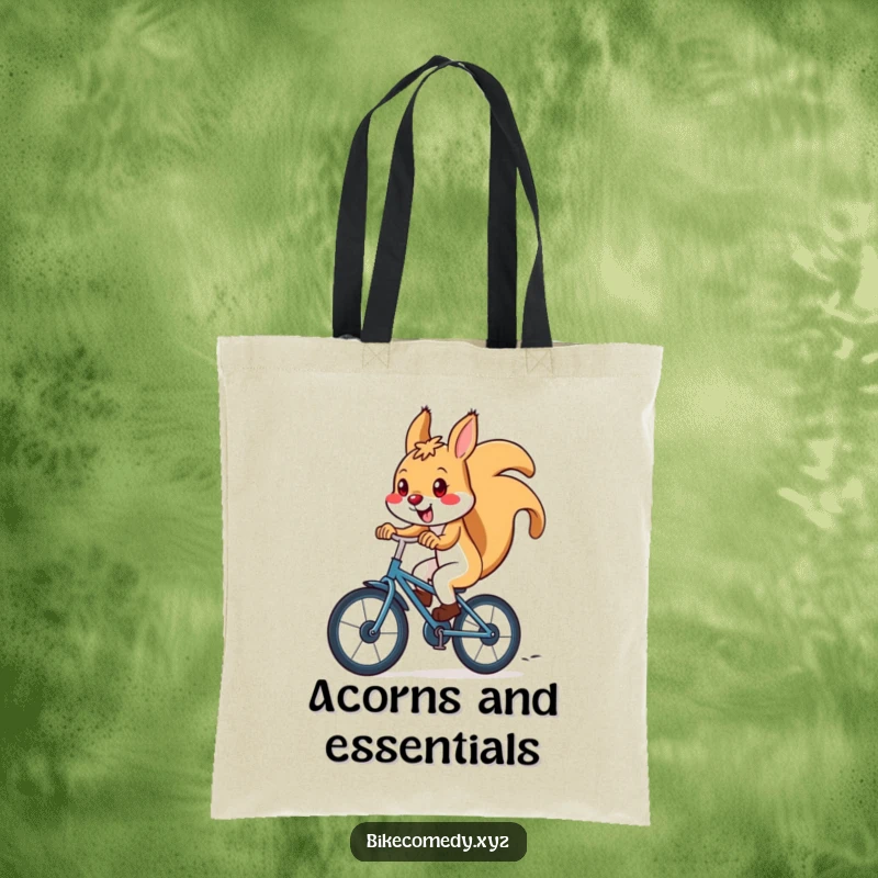 Funny squirrel tote bag featuring a gleeful squirrel on a bicycle speeding downhill, ideal for carrying necessities with a dose of humor.